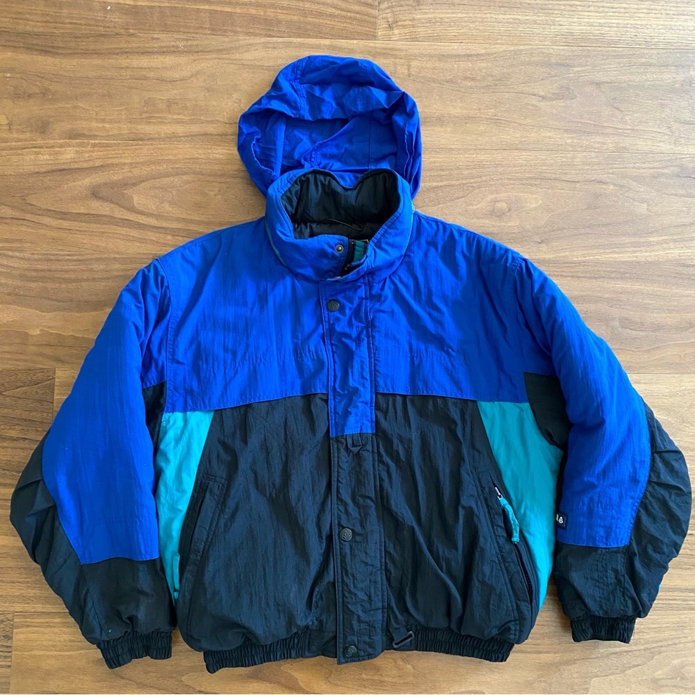 Vintage TŌMA Colorblock Puffer Jacket Youth L 14–16 Blue Black Teal Hooded